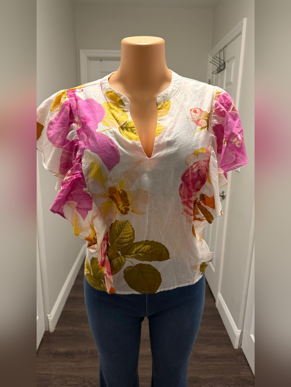 NWT MARC NY White Floral Flutter Sleeve Blouse w/ Pink & Yellow Blooms SIZE PXL
